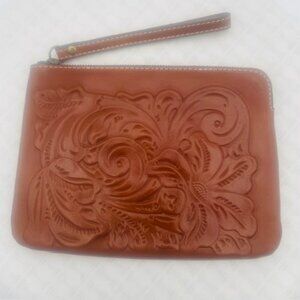 Patricia Nash Tooled Leather Cassini Wristlet Cognac Brown